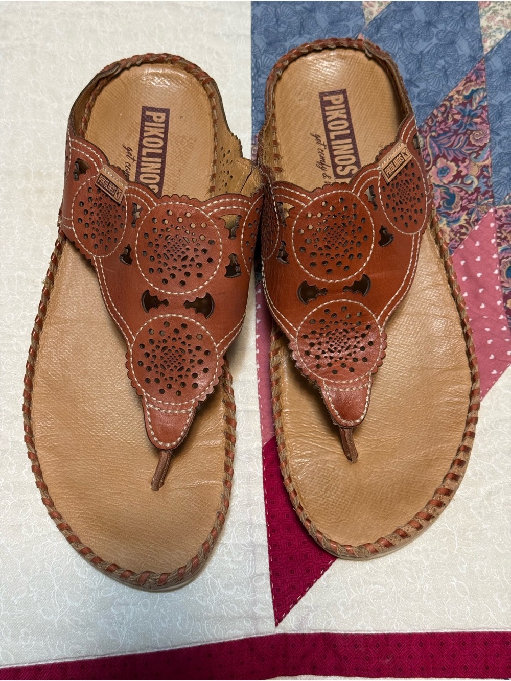 PIKOLINOS Women's Tan Leather Perforated Toe-Post Sandals